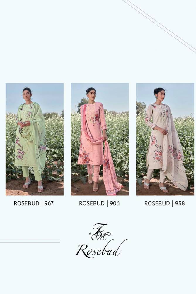 T&M ROSEBUD HIT DESIGNS Latest Designer Festive Wear Pure Line Pattern Digital Print With Embroidery Neck And Handwork Dress Material Collection
